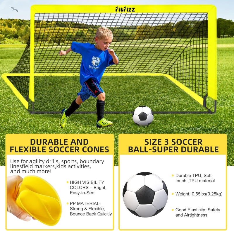 FITFIZZ هدف كرة القدم، أهداف كرة القدم للفناء الخلفي، شبكة كرة قدم قابلة للطي بحجم 6x4 قدم، معدات تدريب كرة القدم مع كرة قدم، سلم وأقماع - Image 3